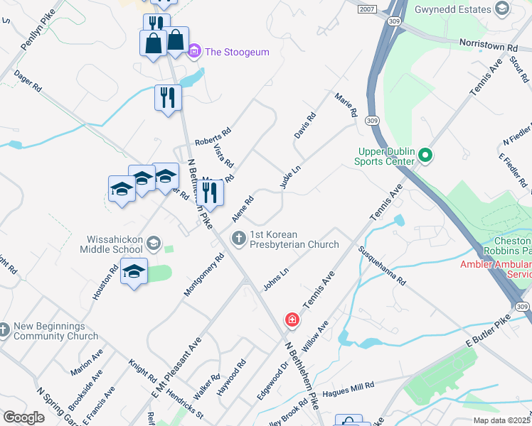 map of restaurants, bars, coffee shops, grocery stores, and more near 715 Judie Lane in Ambler