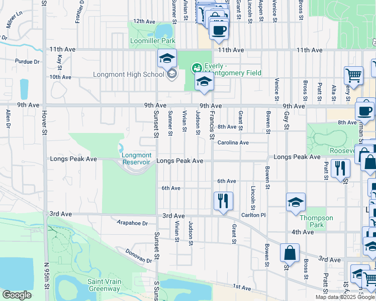 map of restaurants, bars, coffee shops, grocery stores, and more near 716 Vivian Street in Longmont