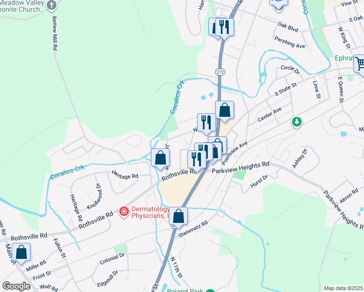 map of restaurants, bars, coffee shops, grocery stores, and more near 1051 Henn Avenue in Ephrata