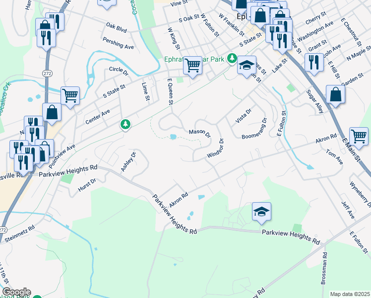 map of restaurants, bars, coffee shops, grocery stores, and more near 210 Sand Court in Ephrata