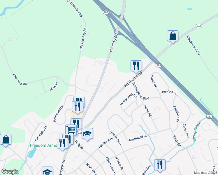 map of restaurants, bars, coffee shops, grocery stores, and more near 54 Ironstone Drive in Elizabethtown