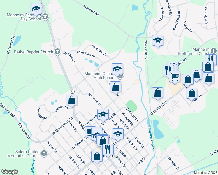 map of restaurants, bars, coffee shops, grocery stores, and more near 170 Hershey Drive in Manheim