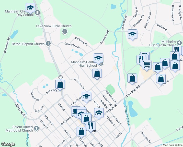 map of restaurants, bars, coffee shops, grocery stores, and more near 170 Hershey Drive in Manheim