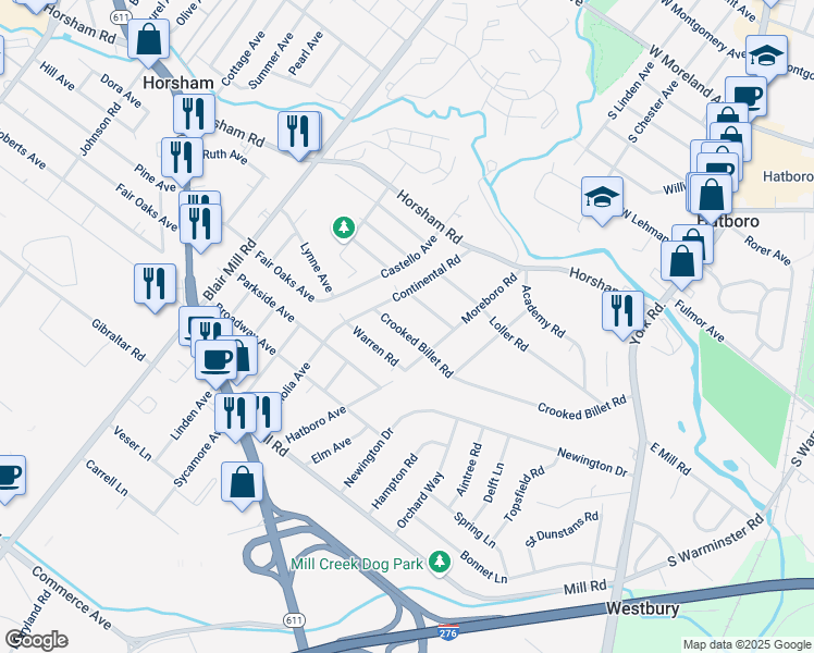 map of restaurants, bars, coffee shops, grocery stores, and more near 324 Crooked Billet Road in Hatboro