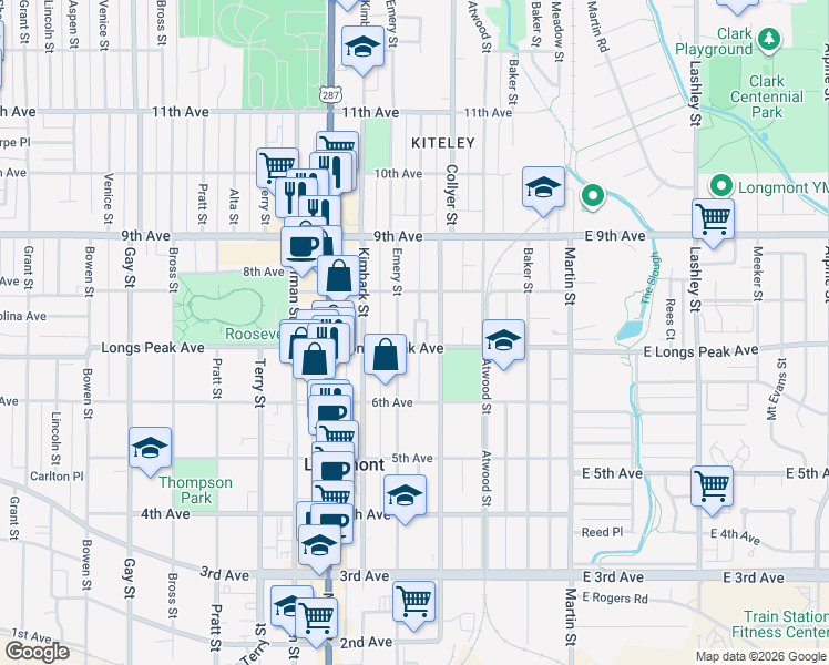 map of restaurants, bars, coffee shops, grocery stores, and more near 712 Darby Court in Longmont