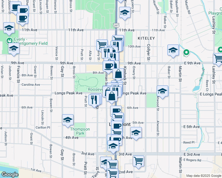 map of restaurants, bars, coffee shops, grocery stores, and more near 726 Coffman Street in Longmont
