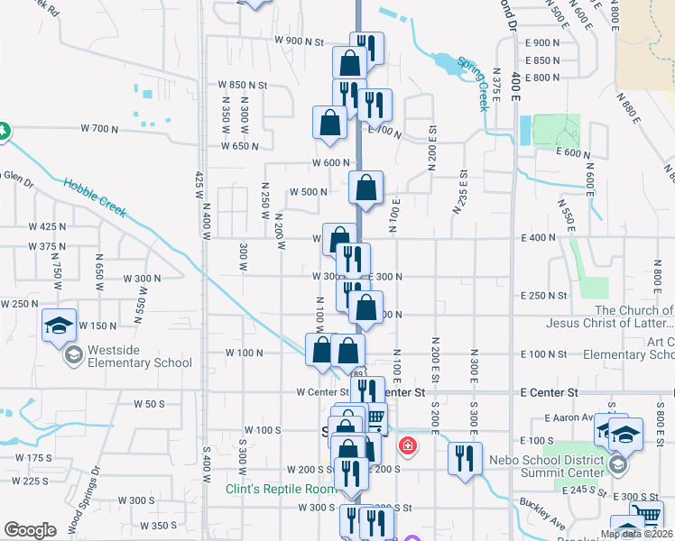 map of restaurants, bars, coffee shops, grocery stores, and more near 348 North 100 West in Springville