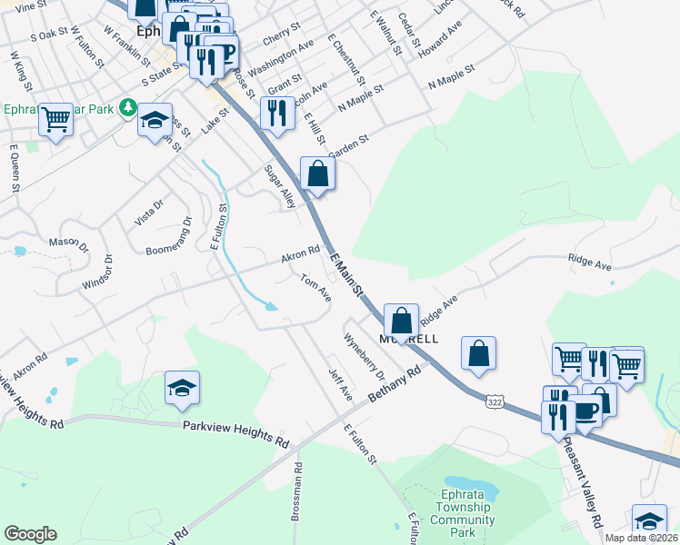 map of restaurants, bars, coffee shops, grocery stores, and more near 622 East Main Street in Ephrata