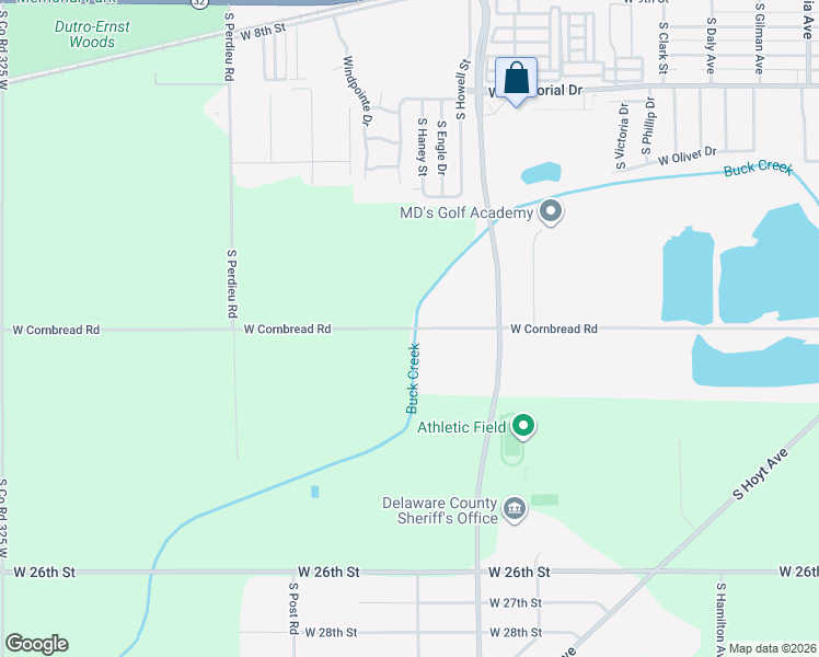 map of restaurants, bars, coffee shops, grocery stores, and more near 3492 West Cornbread Road in Muncie