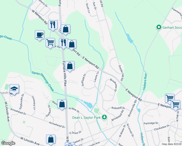 map of restaurants, bars, coffee shops, grocery stores, and more near 47 Duffield Drive in Lititz