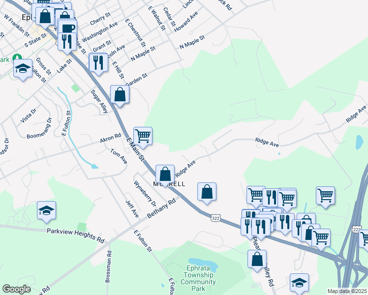 map of restaurants, bars, coffee shops, grocery stores, and more near 50 Ridge Avenue in Ephrata