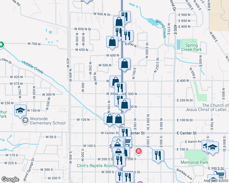 map of restaurants, bars, coffee shops, grocery stores, and more near 58 West 300 North in Springville