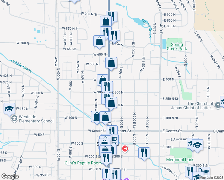 map of restaurants, bars, coffee shops, grocery stores, and more near 308 North Main Street in Springville