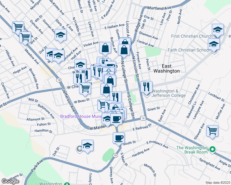 map of restaurants, bars, coffee shops, grocery stores, and more near 69 East Beau Street in Washington