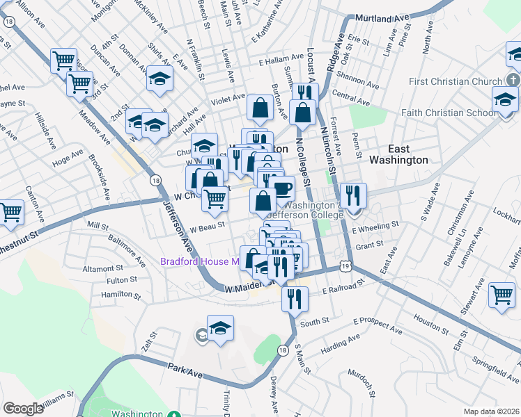map of restaurants, bars, coffee shops, grocery stores, and more near 19 North Main Street in Washington