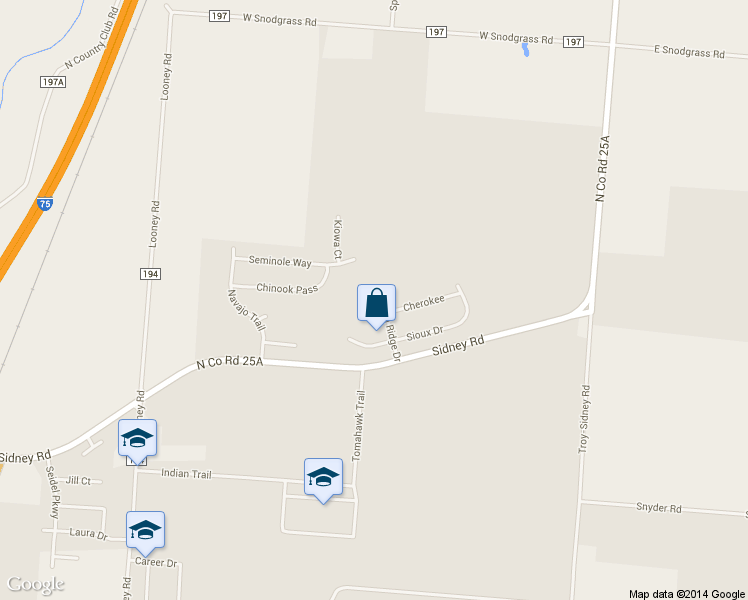 map of restaurants, bars, coffee shops, grocery stores, and more near 2112 Indian Ridge Dr in Piqua