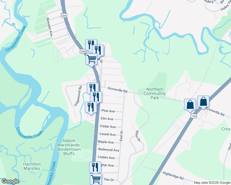 map of restaurants, bars, coffee shops, grocery stores, and more near 11 Groveville Road in Trenton