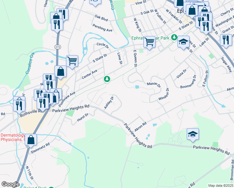map of restaurants, bars, coffee shops, grocery stores, and more near 249 Heatherwood Drive in Ephrata