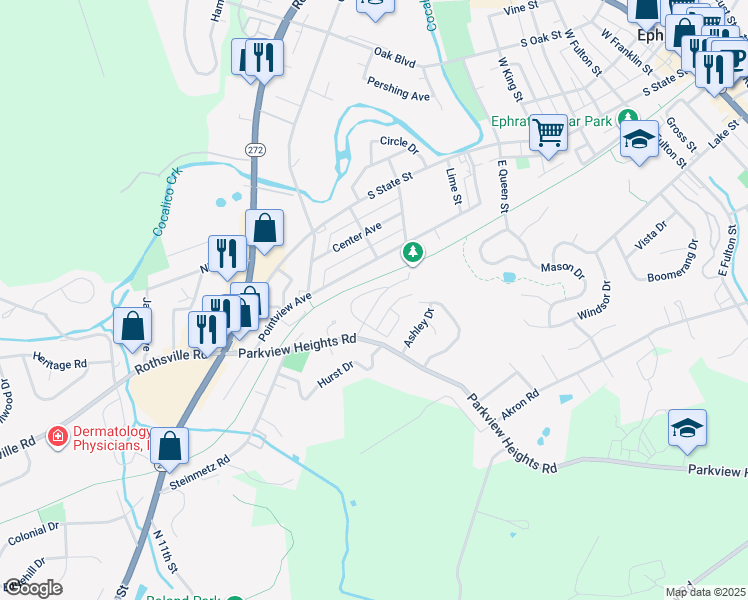 map of restaurants, bars, coffee shops, grocery stores, and more near 807 Wisteria Drive in Ephrata