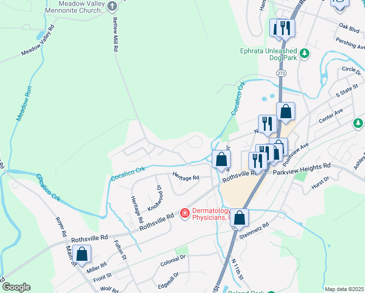 map of restaurants, bars, coffee shops, grocery stores, and more near 16 Hilldale Drive in Ephrata