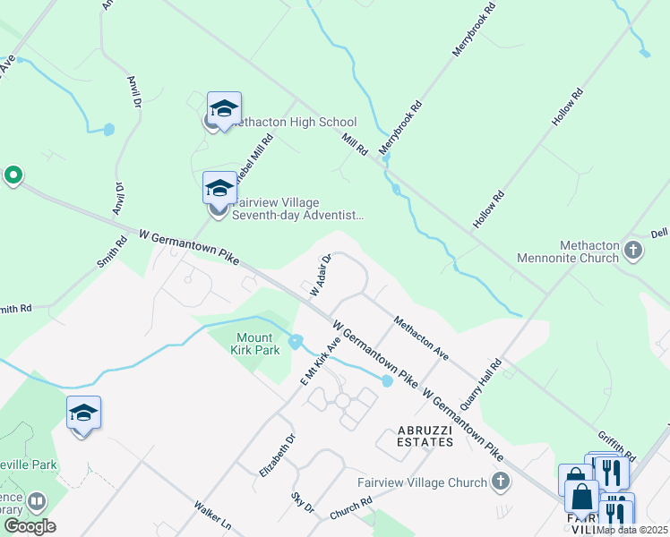 map of restaurants, bars, coffee shops, grocery stores, and more near 29 West Adair Drive in Norristown