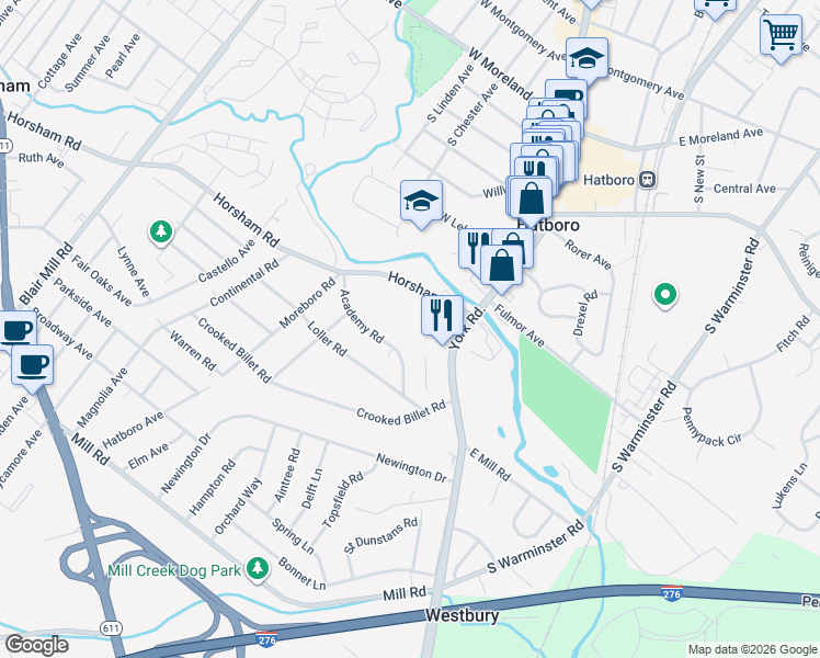 map of restaurants, bars, coffee shops, grocery stores, and more near 49 Horsham Road in Hatboro