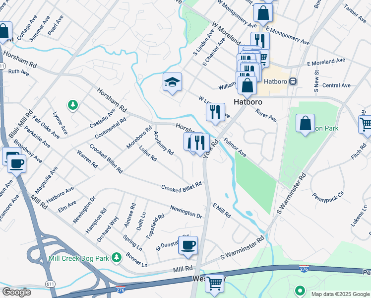 map of restaurants, bars, coffee shops, grocery stores, and more near 420 South York Road in Hatboro