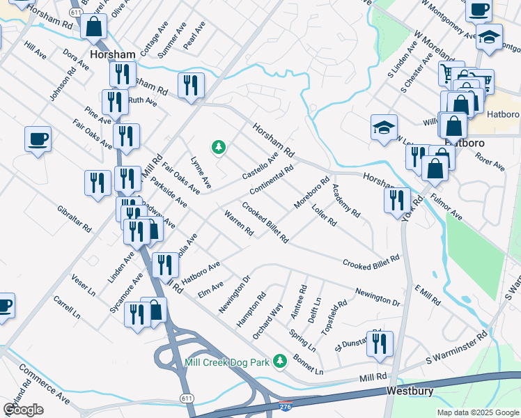 map of restaurants, bars, coffee shops, grocery stores, and more near 324 Crooked Billet Road in Hatboro