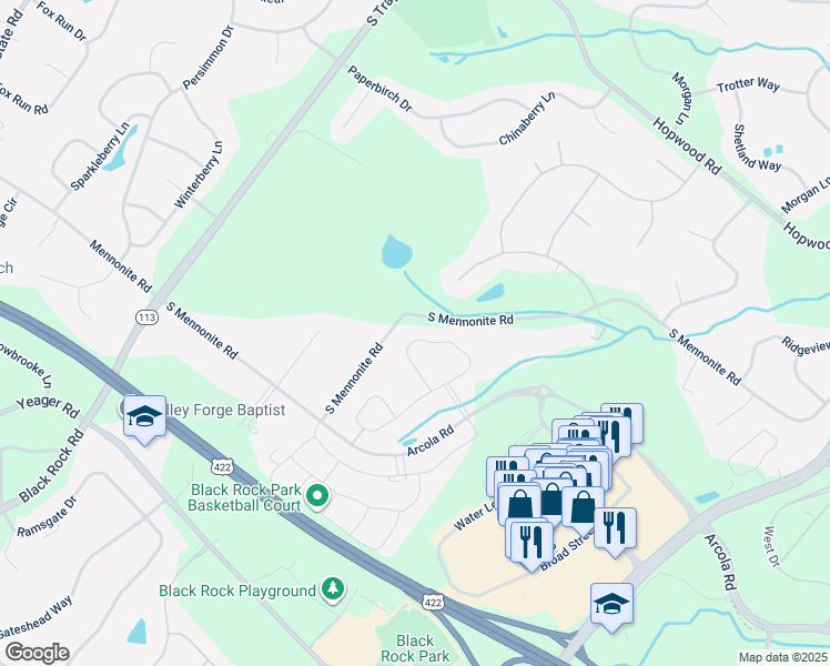 map of restaurants, bars, coffee shops, grocery stores, and more near 36 Iron Hill Way in Collegeville