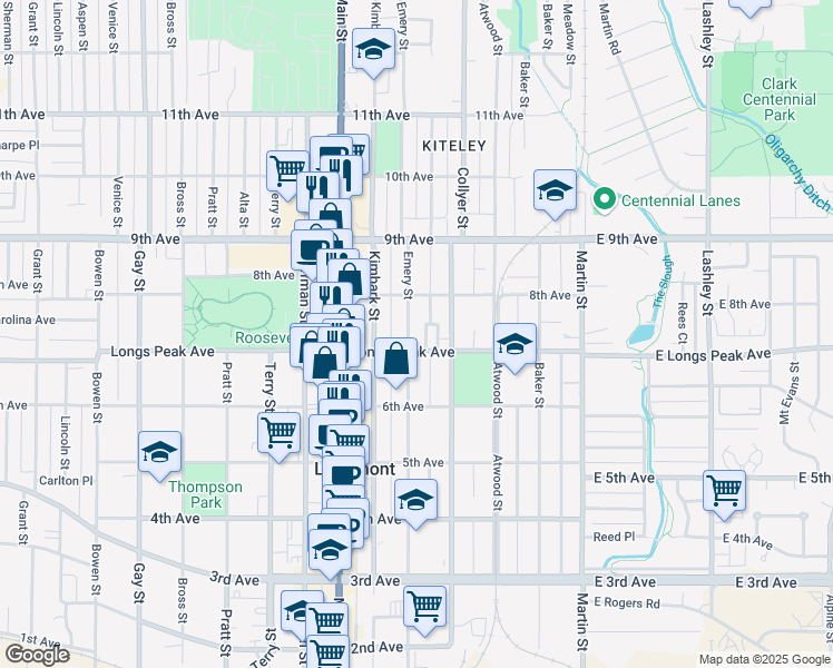 map of restaurants, bars, coffee shops, grocery stores, and more near 711 Darby Court in Longmont