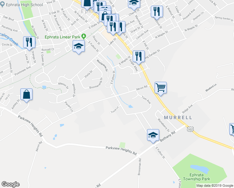 map of restaurants, bars, coffee shops, grocery stores, and more near 198 East Fulton Street in Ephrata