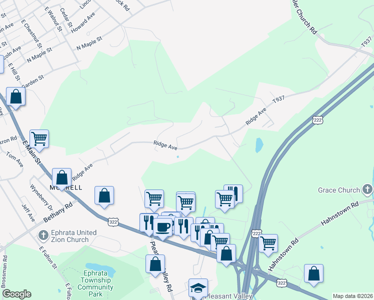 map of restaurants, bars, coffee shops, grocery stores, and more near 193 Ridge Avenue in Ephrata