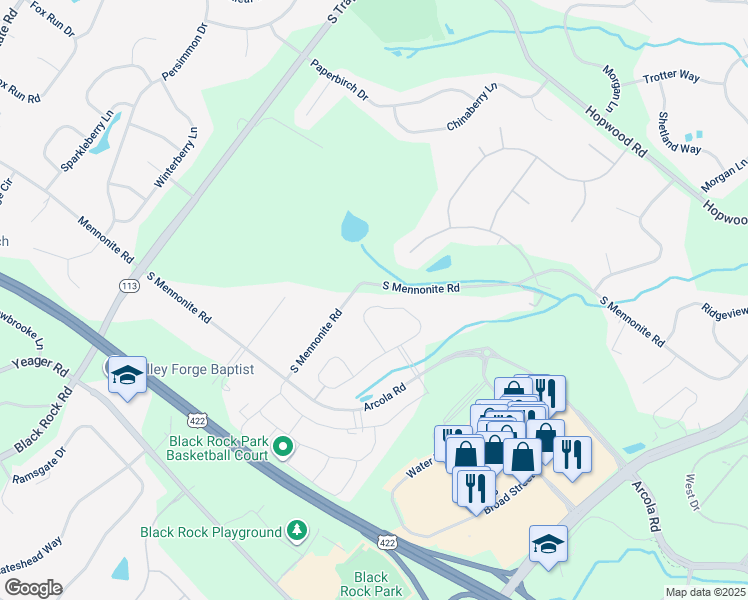 map of restaurants, bars, coffee shops, grocery stores, and more near 36 Iron Hill Way in Collegeville