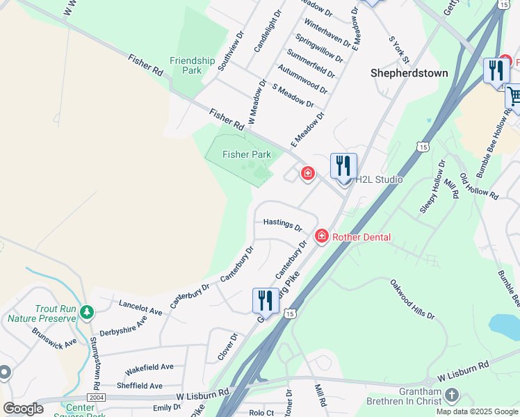 map of restaurants, bars, coffee shops, grocery stores, and more near 2207 Canterbury Drive in Mechanicsburg