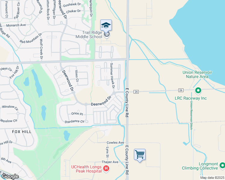 map of restaurants, bars, coffee shops, grocery stores, and more near 804 Summer Hawk Drive in Longmont