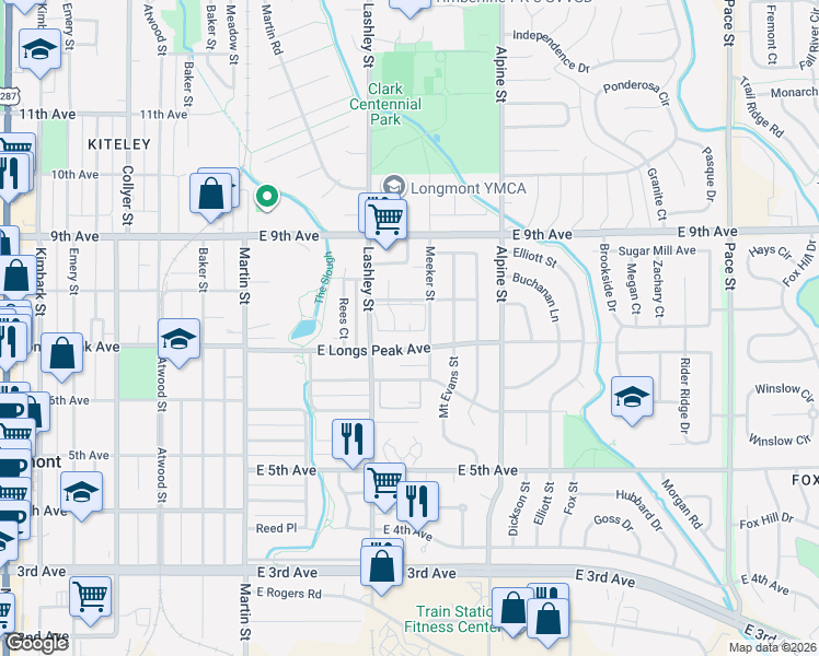 map of restaurants, bars, coffee shops, grocery stores, and more near 225 East 8th Avenue in Longmont
