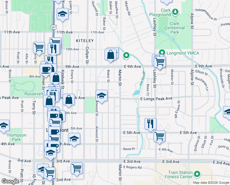 map of restaurants, bars, coffee shops, grocery stores, and more near 728 Baker Street in Longmont