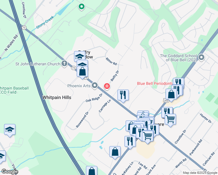 map of restaurants, bars, coffee shops, grocery stores, and more near 860 Belfry Drive in Blue Bell