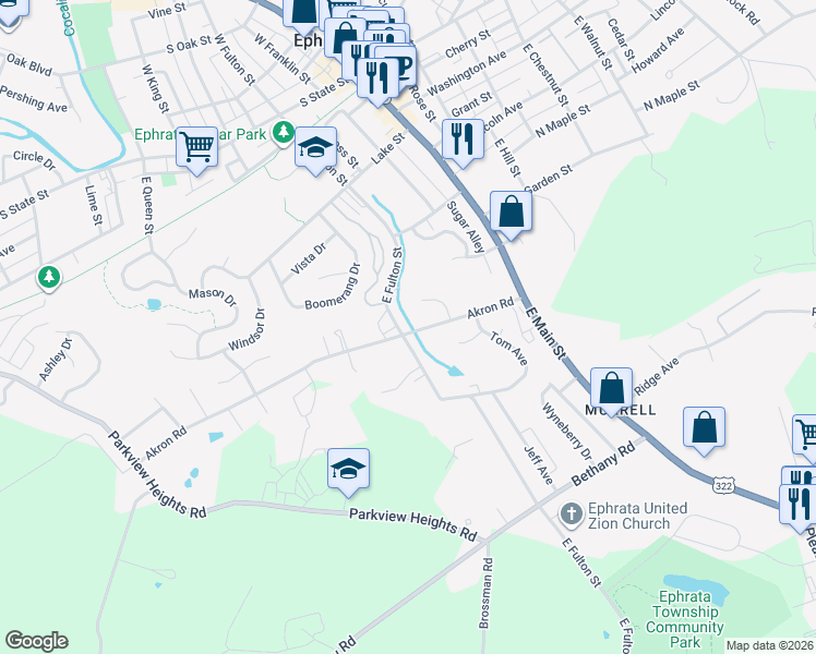 map of restaurants, bars, coffee shops, grocery stores, and more near 188 East Fulton Street in Ephrata