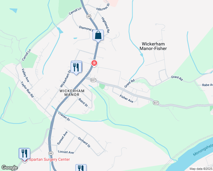 map of restaurants, bars, coffee shops, grocery stores, and more near 135 Pennsylvania 837 in Monongahela