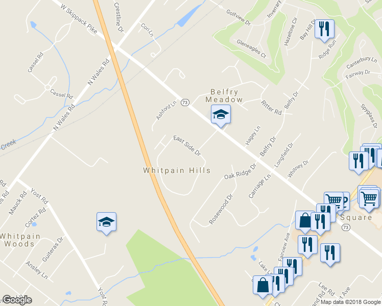 map of restaurants, bars, coffee shops, grocery stores, and more near 201 Whitpain Hills in Blue Bell