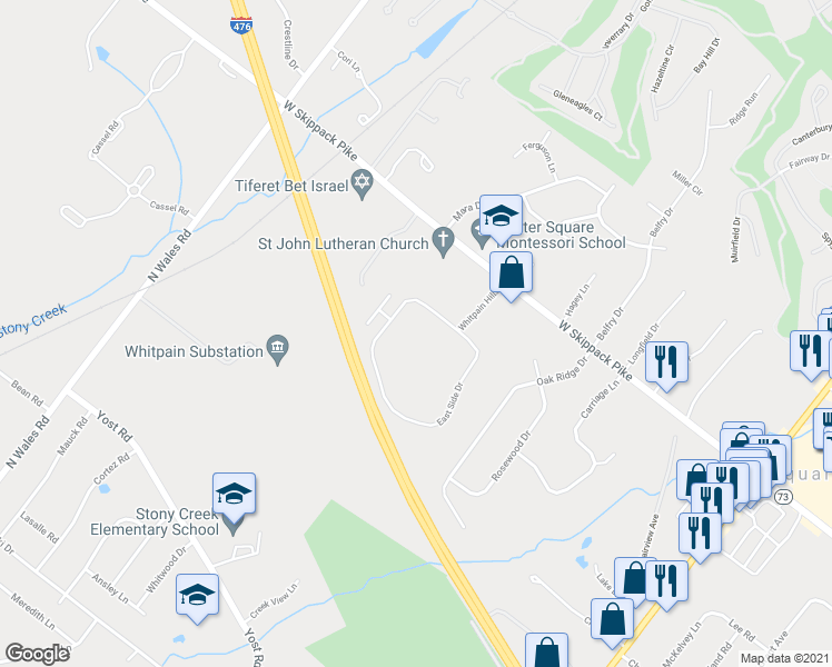 map of restaurants, bars, coffee shops, grocery stores, and more near 413 Whitpain Hills in Blue Bell