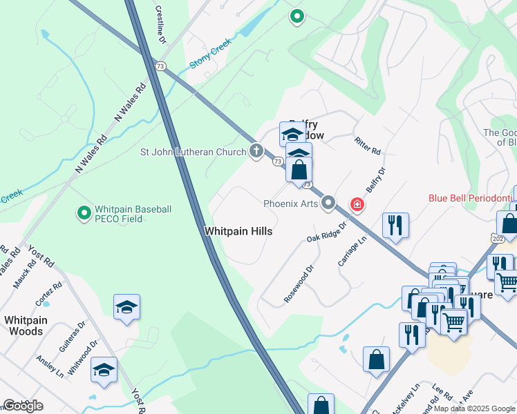 map of restaurants, bars, coffee shops, grocery stores, and more near 201 Whitpain Hills in Blue Bell
