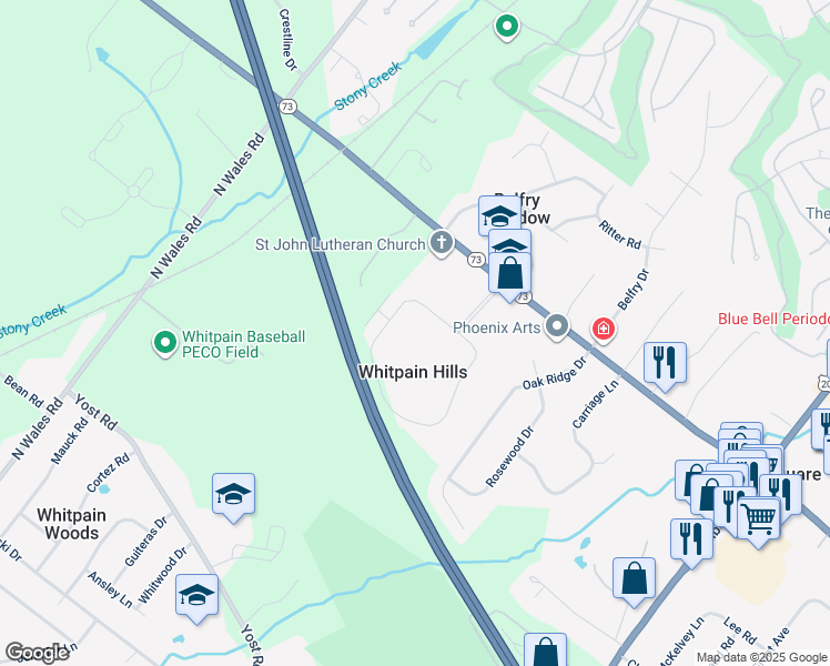 map of restaurants, bars, coffee shops, grocery stores, and more near 413 Whitpain Hills in Blue Bell