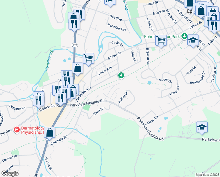 map of restaurants, bars, coffee shops, grocery stores, and more near 809 Wisteria Drive in Ephrata