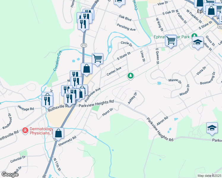 map of restaurants, bars, coffee shops, grocery stores, and more near 713 Primrose Lane in Ephrata