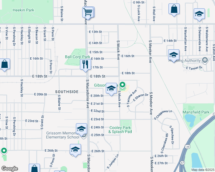 map of restaurants, bars, coffee shops, grocery stores, and more near 1825 East 18th Street in Muncie