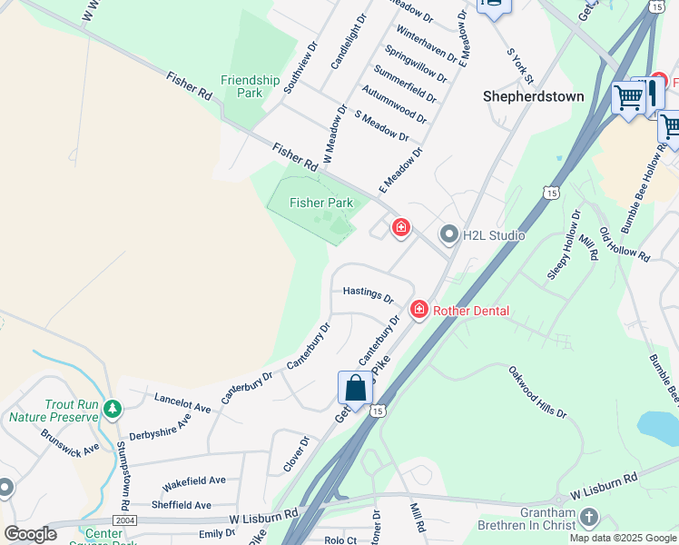 map of restaurants, bars, coffee shops, grocery stores, and more near 2207 Canterbury Drive in Mechanicsburg