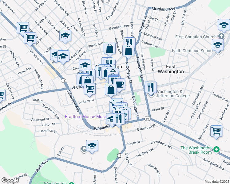 map of restaurants, bars, coffee shops, grocery stores, and more near 38 North Main Street in Washington
