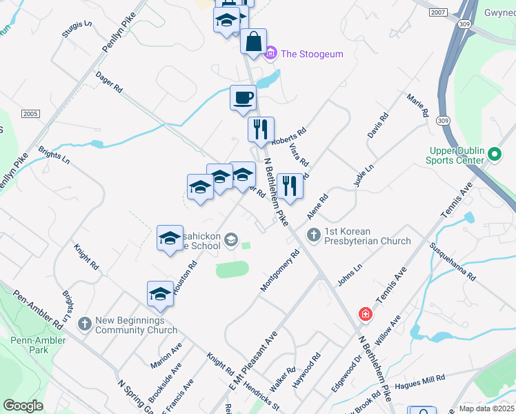 map of restaurants, bars, coffee shops, grocery stores, and more near 501 North Bethlehem Pike in Ambler